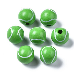 Perles européennes en bois naturel peint, Perles avec un grand trou   , imprimé, baseball, verte, 16x15mm, Trou: 4mm