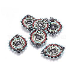 Liens de perles de rocaille japonaises miyuki & toho, motif de tissage, avec coquille, plat rond, colorées, 32~33x26~27x4mm, Trou: 2mm