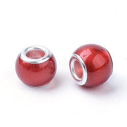 Glass ABS Plastic Imitation Pearl European Beads, Large Hole Beads, Rondelle, with Silver Color Plated Brass Cores, Dark Red, 11.5~12x9~10mm, Hole: 5mm
