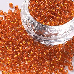 8/0 Perlas de semillas de vidrio, plata forrada agujero redondo, redondo, rojo naranja, 3mm, agujero: 1 mm, aproximamente 2222 unidades / 100 g