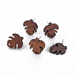 Accessoires de boucles d'oreilles en bois de noyer, avec épingle en 304 acier inoxydable, feuille, brun coco, 19.5x17.5mm, Trou: 1.6mm, pin: 0.6 mm