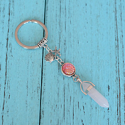 Porte-clés pendentif balle en quartz rose naturel, avec étoile de mer en alliage et forme de coquillage, 3.5 cm