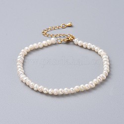 Natural Freshwater Pearl Beads Bracelets, with Brass Extender Chains and Burlap Packing Pouches Drawstring Bags, Golden, White, 7-1/2 inch(19cm)
