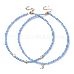 2-teiliges 2-teiliges Halsketten-Set mit Mond und Stern aus Messing und Glasperlen für Damen, echtes 18k vergoldet, 15.00~15.87 Zoll (38.1~40.3 cm), 1pc / style