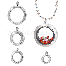 Unicraftale 4Pcs 4 Style 304 Stainless Steel Locket Pendants, with Glass, DIY Accessories for Jewelry Pendant Making, Flat Round Charm, Stainless Steel Color, 19.5~36.5x15~30x6~6.5mm, Hole: 3~4mm, 1pc/style