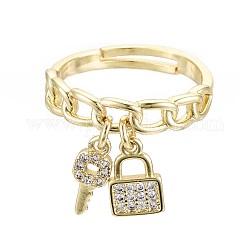 Adjustable Brass Micro Pave Clear Cubic Zirconia Finger Rings, Nickel Free, Curb Chain Shape with Padlock & Key, Real 16K Gold Plated, Inner Diameter: 17mm