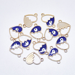 Alloy Enamel Links connectors, Heart with Evil Eye, Light Gold, Blue, 14x22x1.5mm, Hole: 1.8mm