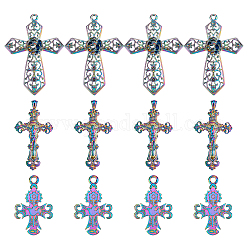 Superfindings 12pcs 3 gros pendentifs en alliage de style, sans cadmium et sans plomb, pour la religion, croix, couleur arc en ciel, 4 pièces / style
