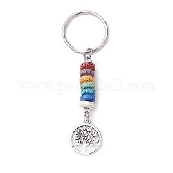 Tibetan Style Alloy Flat Round with Tree of Life Keychain, with Iron Split Key Rings and Chakra Natural Lava Rock, Antique Silver, 8.1cm