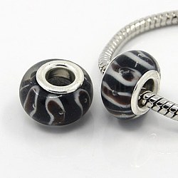 Handmade Lampwork European Beads, Large Hole Beads, with Silver Color Brass Core, Rondelle, Black, about 14~15mm in diameter, 9~10mm thick, hole: 5mm