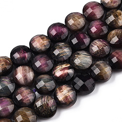 Natural Tiger Eye Beads Strands, Dyed, Faceted, Flat Round, Colorful, 8~8.5x5.5mm, Hole: 1.2mm, about 46~47pcs/strand, 14.9 inch~15.1 inch