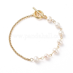 Bracelet à maillons en perles naturelles avec 304 chaînes rolo en acier inoxydable pour femme, blanc, lien: 13x6.5x6 mm, 7-5/8 pouce (19.5 cm)