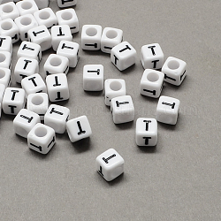 Perline europee di grandi dimensioni in acrilico, foro orizzontale, bianco & nero, cubo con lettera, letter.t, 8x8x8mm, Foro: 4 mm, circa 1144pcs/500g