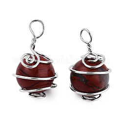 Natural Red Jasper Pendants, with Platinum Plated Brass Wire Wrapped, Round Charm, 28.5~34x18.5~20x17~19mm, Hole: 4~5.5mm