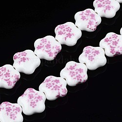 Chapelets de perles en porcelaine manuelle, fleur imprimée, fleur, flamant, 14x15x6mm, Trou: 1.8mm, Environ 23 pcs/chapelet, 12.4 pouces (31.5 cm)