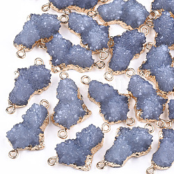 Connecteurs de liens de résine druzy galvanoplastie, avec les accessoires en fer, pépites, or clair, bleu acier clair, 28~29x15.5~16x9~10mm, Trou: 1mm