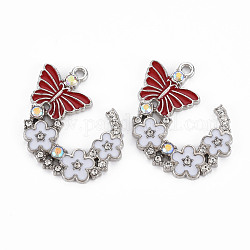 Alloy Rhinestone Pendants, with Enamel, Platinum, Butterfly with Flower, Creamy White, 22x29x2mm, Hole: 1.8mm