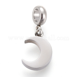 304 Stainless Steel Charms, with Tube Bails, Manual Polishing, Moon, Stainless Steel Color, 14.6mm, Pendant: 9x6x1.8mm, Hole: 2.5mm