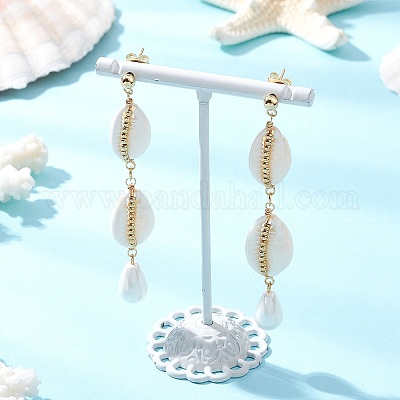 Серьги-гвоздики с кисточками из ракушечного жемчуга EJEW-TA00645-1