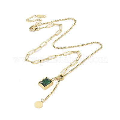 Ожерелья из нержавеющей стали 304 с прямоугольной подвеской и зелеными кубическими цирконами NJEW-N055-13G-1