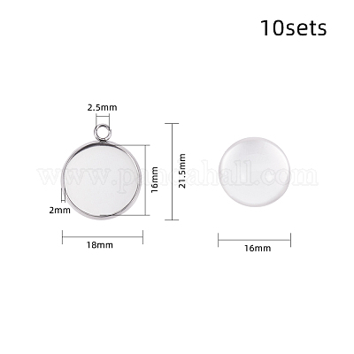 Оправы для подвесок из нержавеющей стали 304 и кабошоны из прозрачного полукруглого стекла STAS-X0017-12P-16mm-1