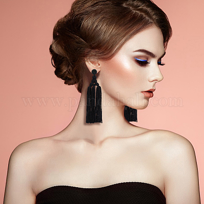 4 пара серег-кисточек из двухцветного полиэстера с бисером EJEW-FI0002-96-1