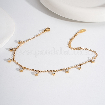 Элегантные плоские круглые браслеты на лодыжку из нержавеющей стали 304 с паве из прозрачных кубических цирконий HM7489-7-1