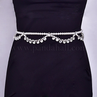 Двухслойные цепочки для талии и живота из сплава со стразами в форме капли и пластиковыми бусинами-имитаторами FS-WG13B7D-01-1