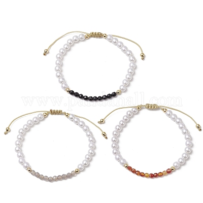 3шт. Браслеты из плетеных бусин из натурального агата BJEW-JB11668-1