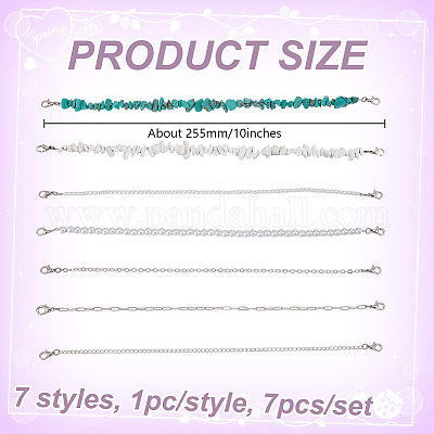 7 шт. 7 стиля синтетической бирюзы и стеклянного жемчуга и латунной цепочки AJEW-GO00036-1