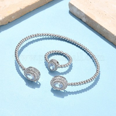 Овальные латунные браслеты-манжеты и кольца с микропаве из кубических цирконий для женщин SJEW-R002-03P-01-1