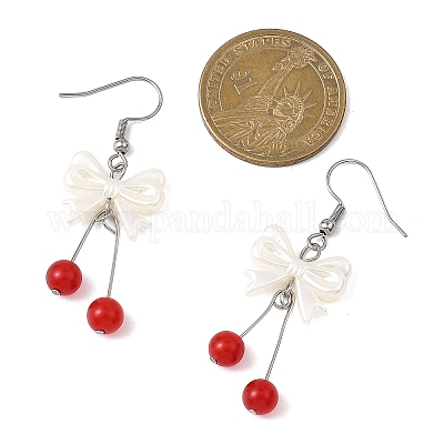 Серьги-подвески из искусственного жемчуга с бантом из АБС-пластика EJEW-JE06767-1