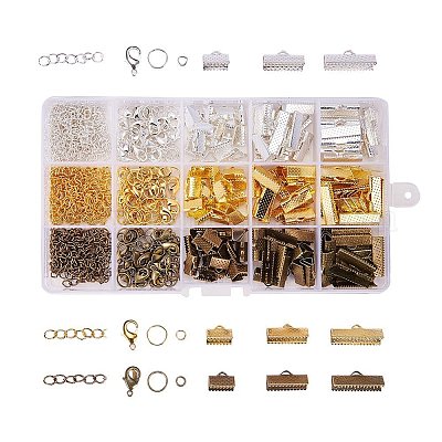 PandaHall Elite Jewelry Findings Kit Platinum 20pcs Alloy Lobster Claw Clasps 45pcs 2 Sizes Iron Ribbon Ends 40g 4 Sizes Jump Rings 10g Alloy Drop Chain End Pieces for Jewelry Making 