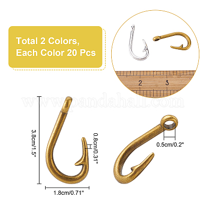 Fish Hook Charm, 40pcs 2 Colors Fishhooks Charms Pendants Tibetan Alloy Hook Pendants Metal Dangle Charms for DIY Jewellery