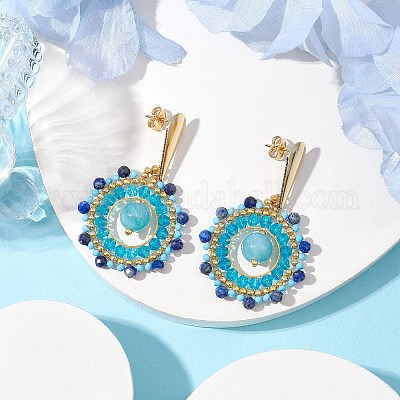 Серьги-гвоздики в стиле бохо с натуральным лазуритом и нефритом машан EJEW-MZ00281-03-1