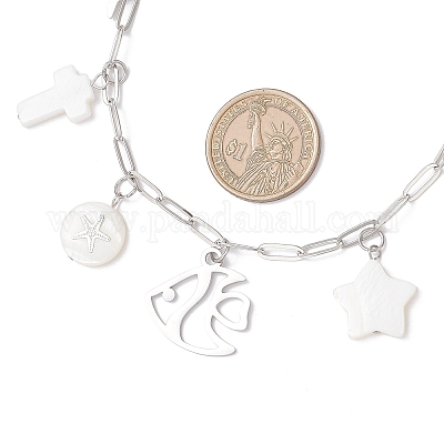 Цепочка-скрепка из латуни с подвеской из сплава и натуральной белой ракушки для женщин NJEW-JN05406-01-1