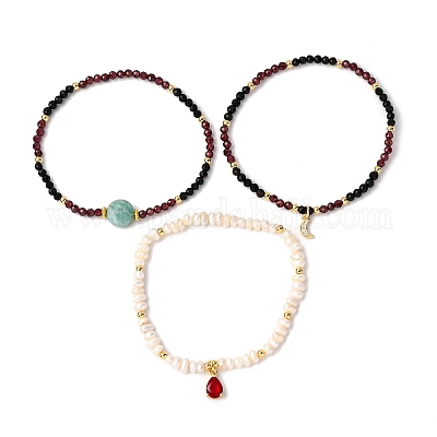 3 комплект из 2-1/4~2-3/8 эластичного браслета из натурального культивированного пресноводного жемчуга BJEW-JB12365-1