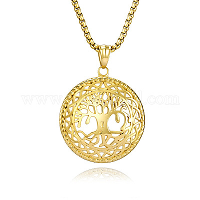 Плоские круглые ожерелья из нержавеющей стали 304 с подвеской в виде дерева жизни FS-WG13B06-02-1
