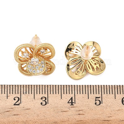 Серьги-гвоздики в форме цветка с микропаве из прозрачных кубических цирконий из латуни EJEW-D337-09G-1