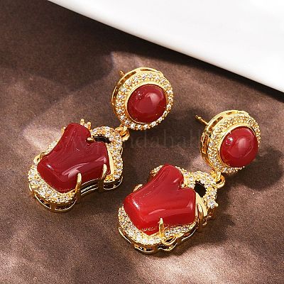 Латунные микропаве прозрачные кубические цирконии плоские круглые с самородками висячие серьги-гвоздики EJEW-Z131-02G-1