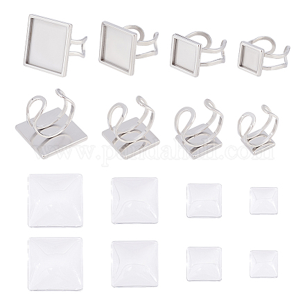 UNICRAFTALE 4 Sizes DIY Square Blank Dome Cuff Ring Making Kit 8pcs Stainless Steel Pad Ring Settings with 12pcs Glass Cabochons Square Clear Glass Cabochons for Ring Making Stainless Steel Color STAS-UN0039-94-1