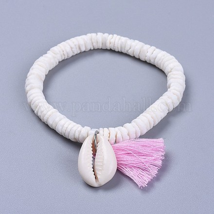 Bracelets avec pendentif pompon en fil de coton BJEW-JB04385-02-1
