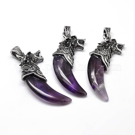 Tusk Shape with Wolf Antique Silver Zinc Alloy Natural Amethyst Big Pendants G-F228-63H-FF-1