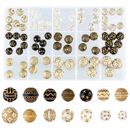 Hobbiesay 90 pcs 13 style vintage placage perles acryliques 14 mm métal enlacé rond avec étoile perles en vrac perle plaquée or pour la fabrication de bijoux bricolage matériel de perlage OACR-HY0001-03-1