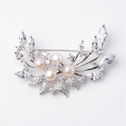 Flower Natural Pearl Brass Safety Brooches JEWB-I009-26-1
