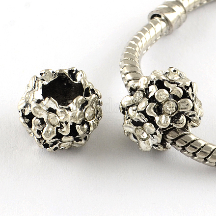Antique Silver Plated Alloy Rhinestone Flower Large Hole European Beads X-MPDL-R041-04A-1