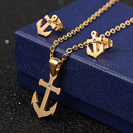 Anchor 304 Stainless Steel Rhinestone Pendant Necklaces and Stud Earrings SJEW-D070-04G-1