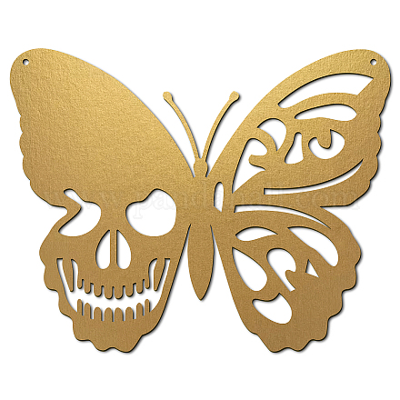 CREATCABIN Skull Metal Wall Art Butterfly Decor Wall Hanging Plaques Ornaments Iron Wall Art Sculpture Sign for Indoor Outdoor Home Livingroom Kitchen Garden Decoration Gift Gold 7.9 x 6.3 Inch DJEW-WH0306-013B-02-1