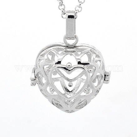 Pregnant Women's Long Rolo Chain Brass Heart Cage Pendant Necklaces NJEW-L110-02-1