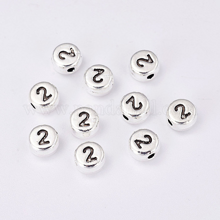 Flat Round Antique Silver Tone Alloy Number Beads PALLOY-K194-02AS-1